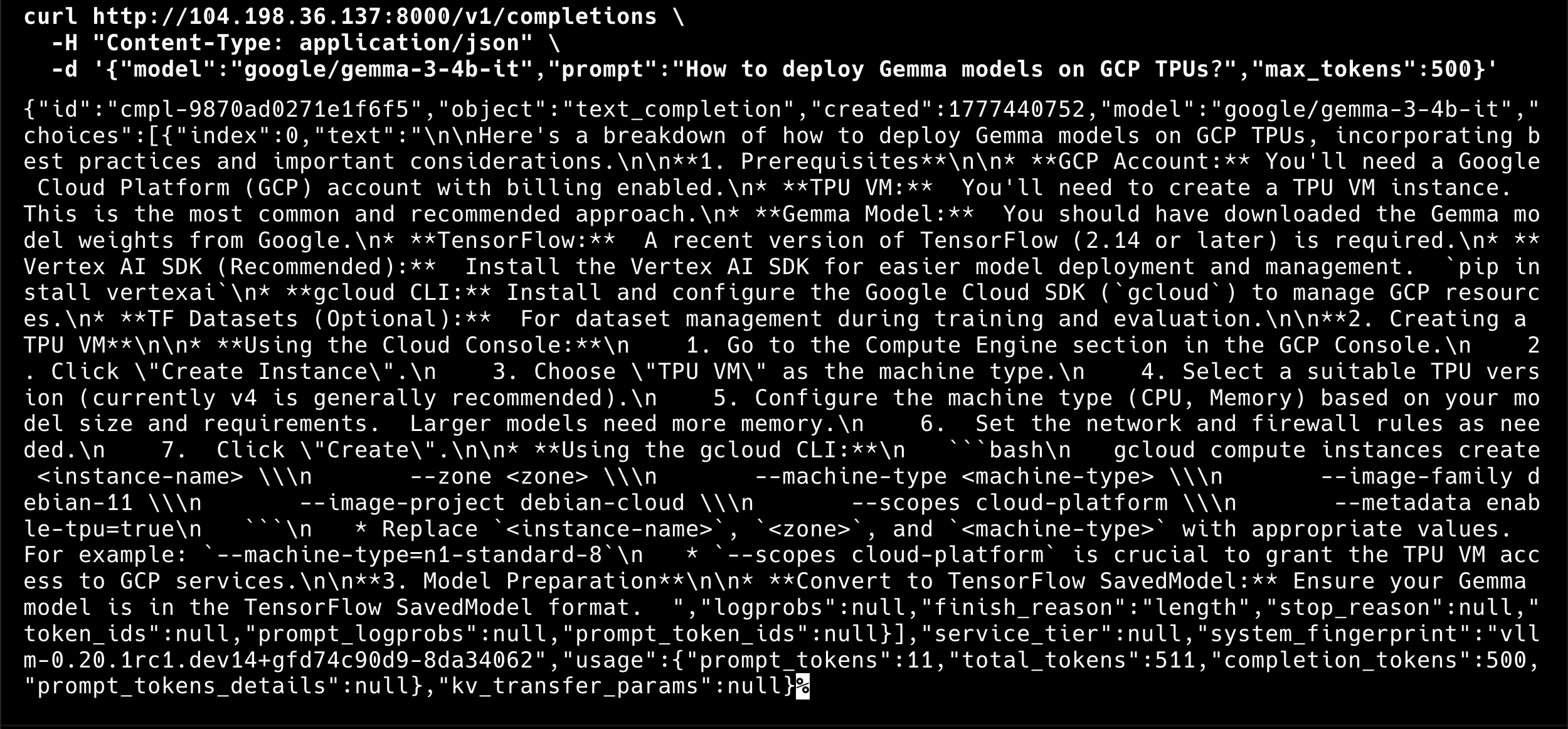 Terminal showing a curl request to vLLM and the JSON completion response from Gemma 3 4B running on TPU