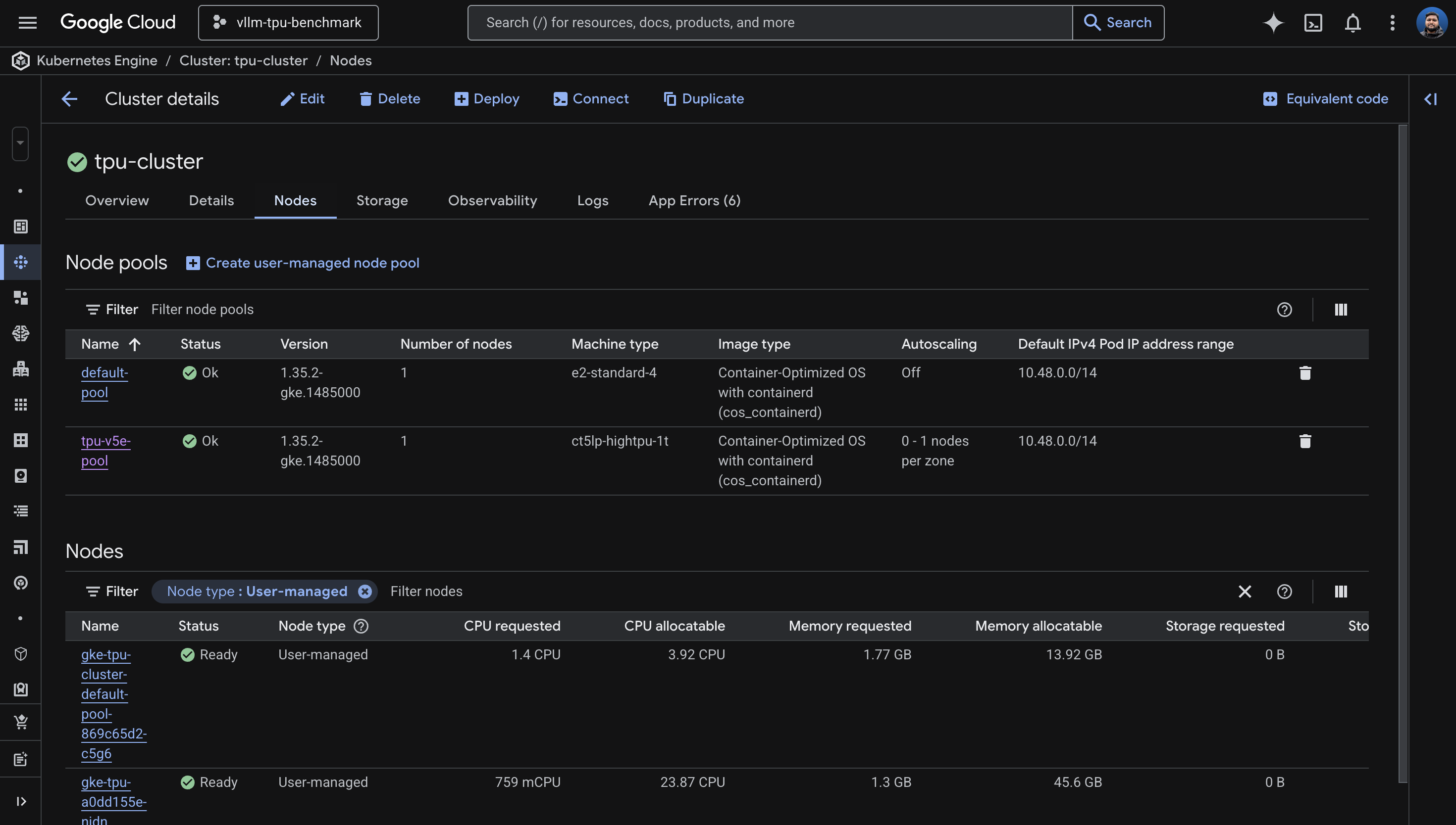 GKE Console showing tpu-cluster with default-pool and tpu-v5e-pool node pools both in Ok status