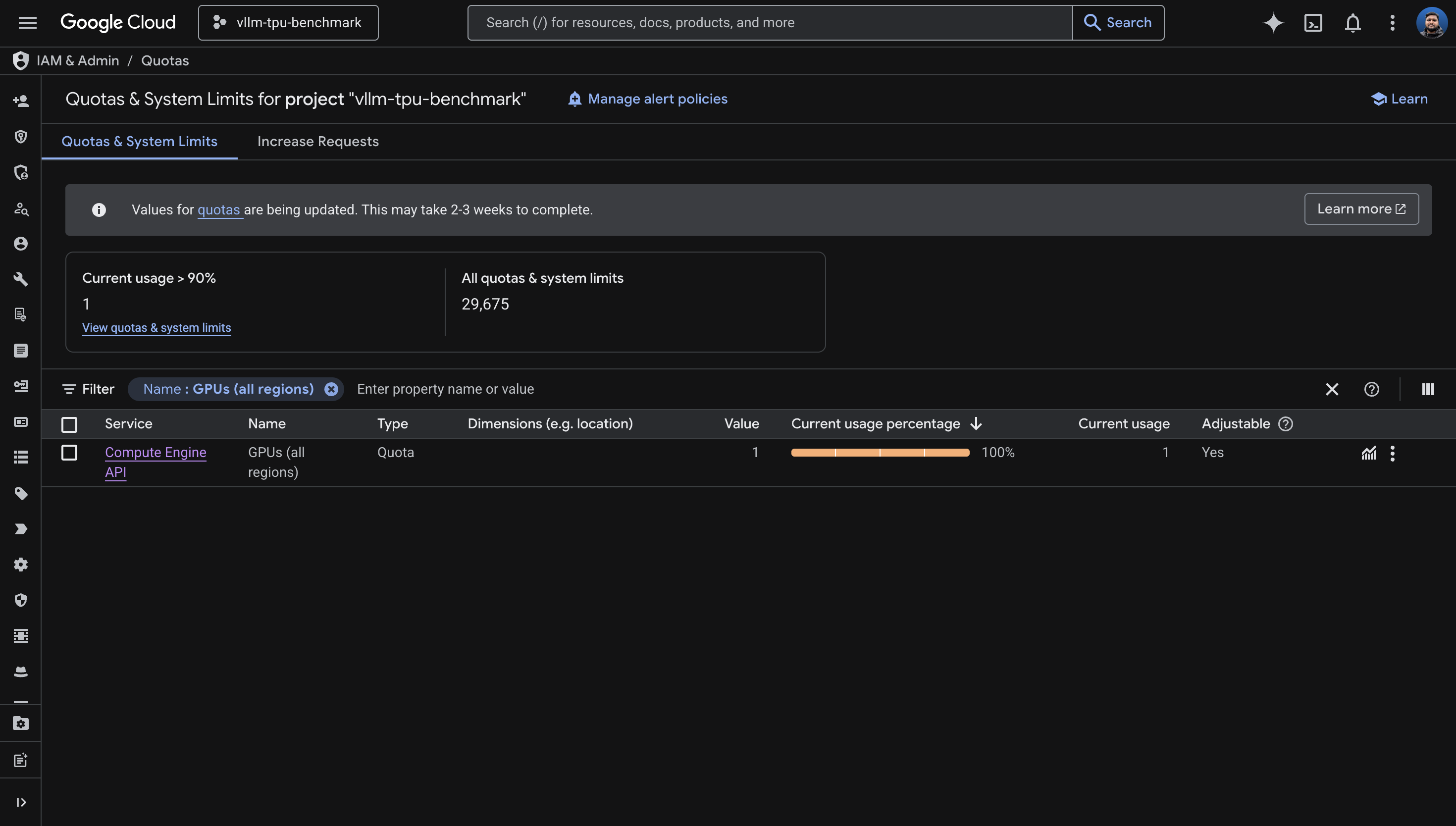 Google Cloud Console showing GPUS_ALL_REGIONS quota at limit 1 with 100% usage