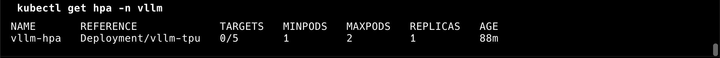 Terminal showing kubectl get hpa output with vllm-hpa reading 0/5 targets, 1 replica